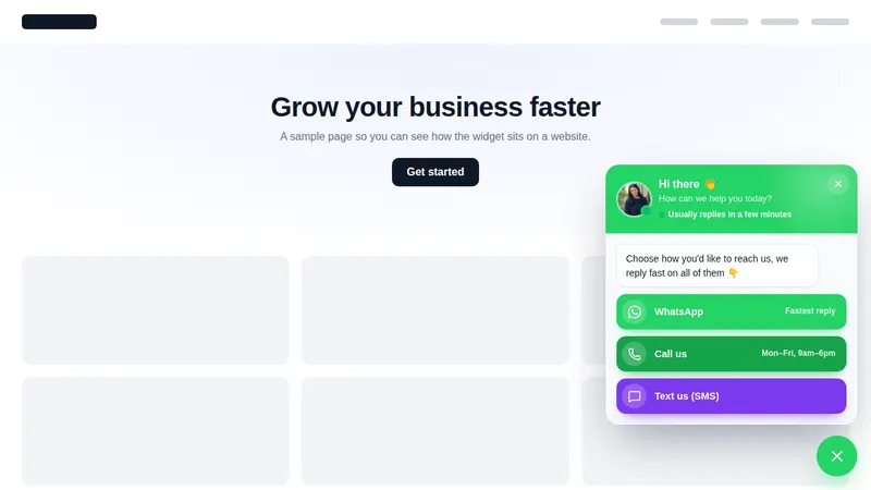 WhatsApp and call hub floating widget open in the corner of a website