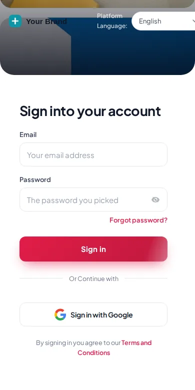 Photo wall login design on a phone-sized screen, sign-in form stacked under the brand header