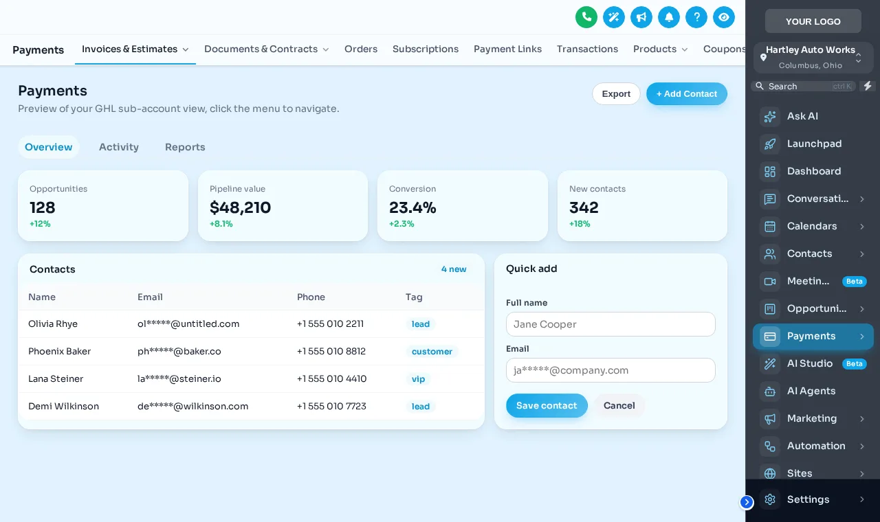 GoHighLevel with the menu docked on the right in the Alpine Glass theme, Payments sub-menu tabs across the top