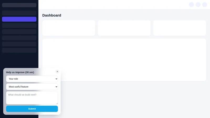 Quick survey notification widget inside GoHighLevel asking the user role, most useful feature and what to build next