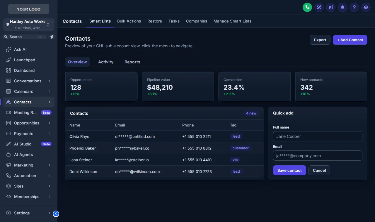 GoHighLevel contacts page in dark mode, Slate Corporate theme with the Crisp Highlight UI kit